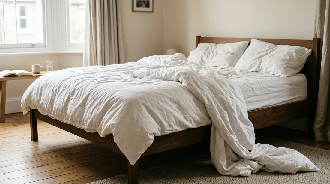 Ein Doppelbett am Morgen, die Bettdecke ist zur Hälfte über die Bettkante gerutscht und hängt auf dem Boden