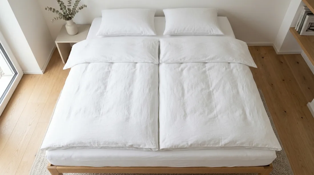 Ein Doppelbett von oben mit zwei getrennten, ordentlich nebeneinanderliegenden Bettdecken