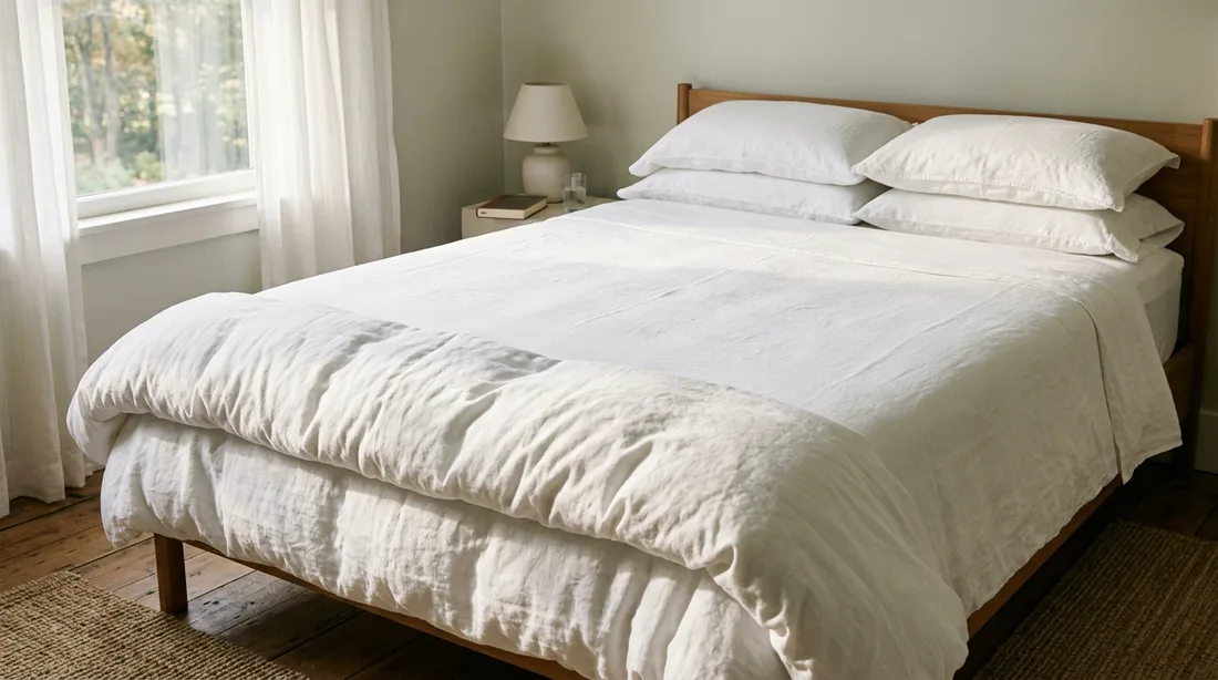 Ein Bettbezug auf dem Bett, oben glatt und unten am Fußende zu einem Wulst zusammengeschoben